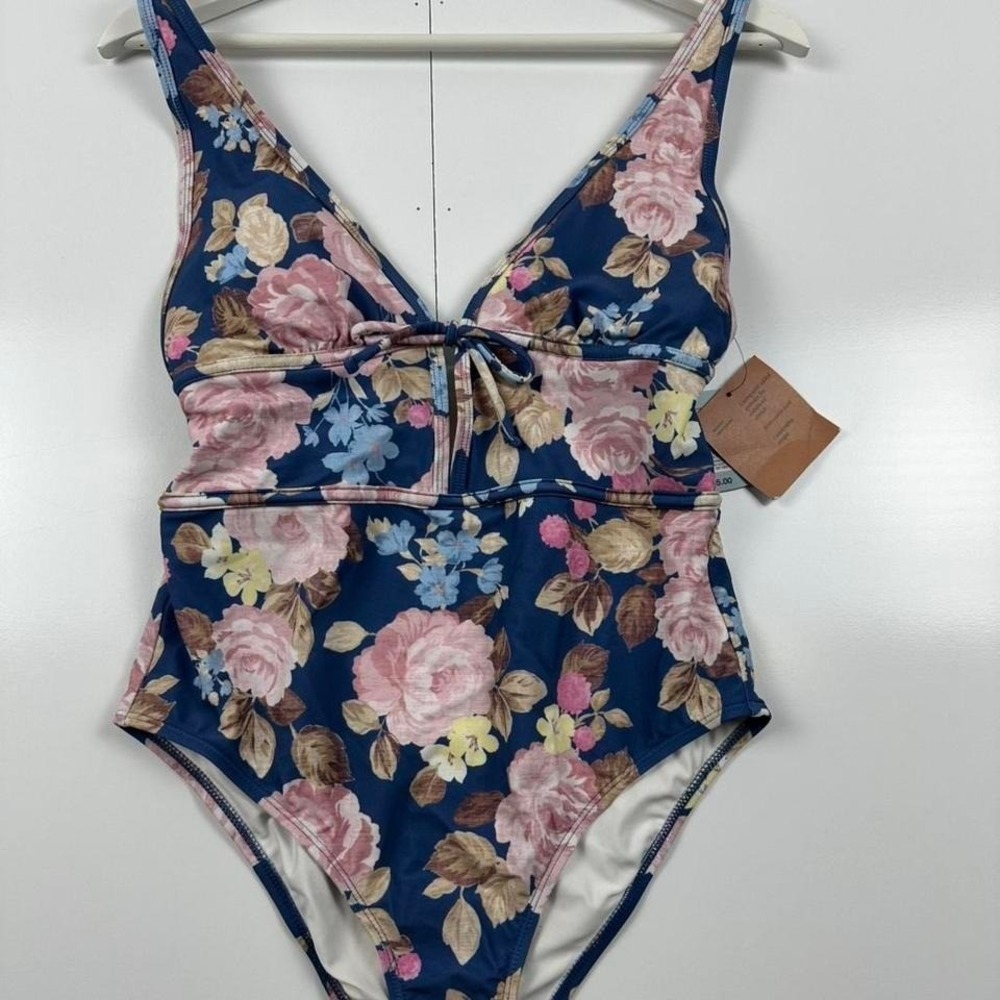 Shade and Shore Navy Floral One Piece Swimsuit Tie Front M 8-10 NWT